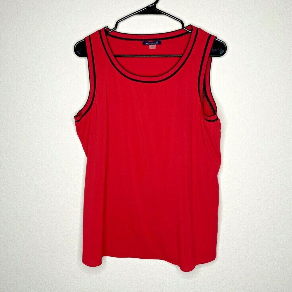 TOMMY HILFIGER Plain Red Athletic Tank Top Lightweight Striped Collar Wms Sz XL 